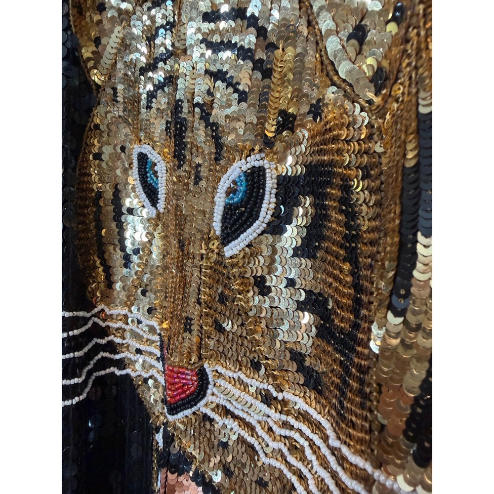 Rare Vintage 80s 100% Silk Sequin Tiger Mini Dress Black Gold Beaded Dolman Sz S - Picture 4 of 10